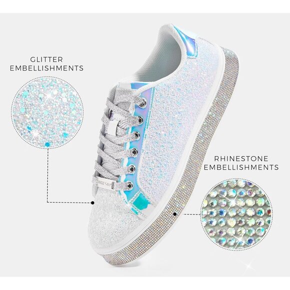 LUCKY STEP Womens White Glitter Sneakers Sparkly Bedazzled Wedding Bridal Shoes - Picture 2 of 9